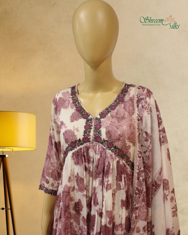 White with Lilac Floral Prints Anarkali Kurta Set - Image 2