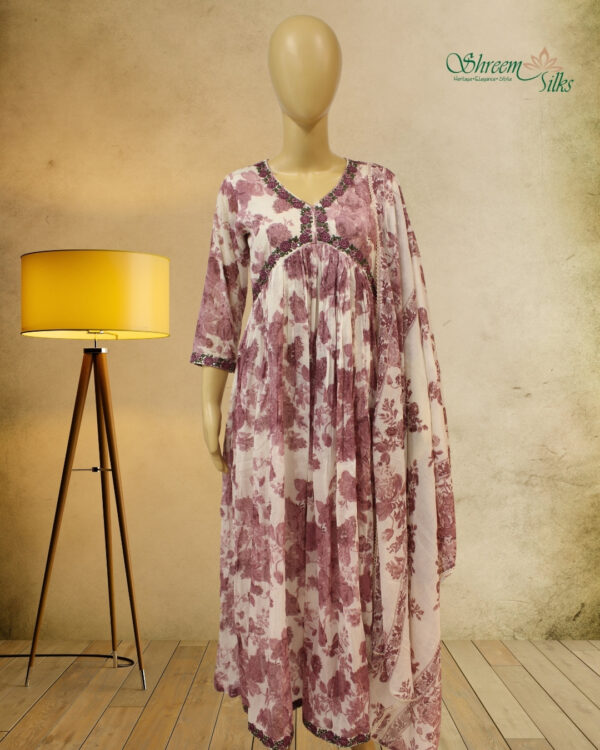 White with Lilac Floral Prints Anarkali Kurta Set