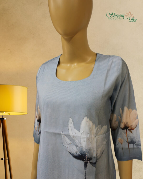 Powder Blue with Big Floral Print & Zircon work Kurta - Image 2