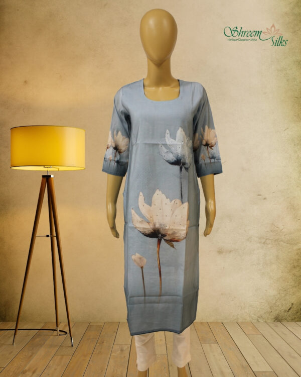 Powder Blue with Big Floral Print & Zircon work Kurta