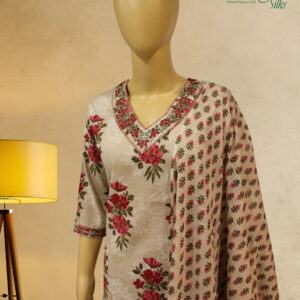 Beige with Neck Embroidery Printed Kurta Set