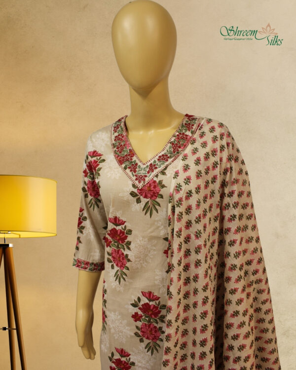 Beige with Neck Embroidery Printed Kurta Set