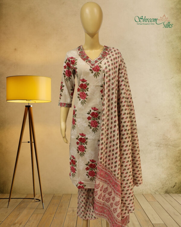 Beige with Neck Embroidery Printed Kurta Set - Image 2