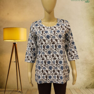 White with Blue & Brown Kalamkari Prints Short Kurti