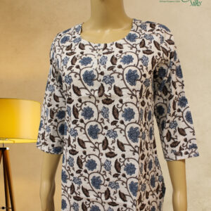 Alternative view of White with Blue & Brown Kalamkari Prints Short Kurti