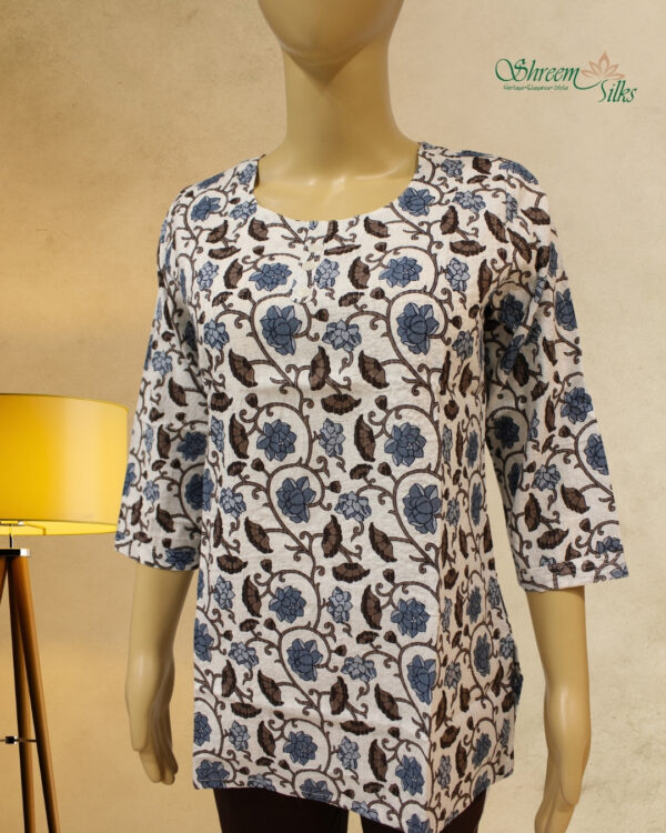 White with Blue & Brown Kalamkari Prints Short Kurti - Image 2