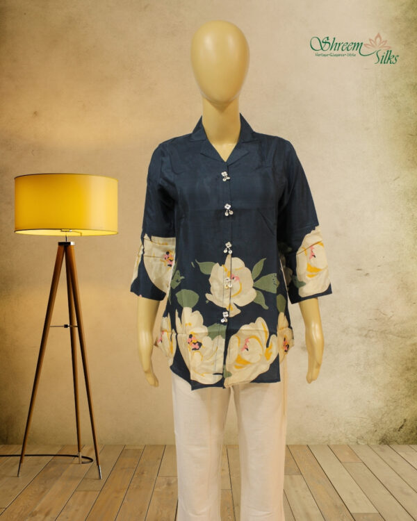 Navy Nlue with Beige Floral Prints Short Top