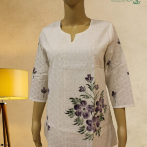 Alternative view of White with Floral Painting Short Kurti