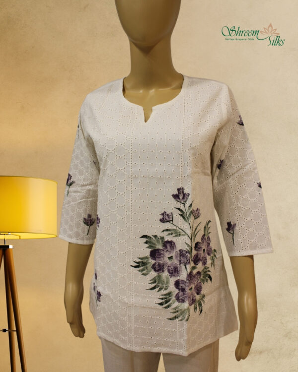 White with Floral Painting Short Kurti - Image 2
