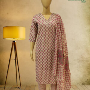 Alternative view of Cream with Pink Lotus Print Kurti Set