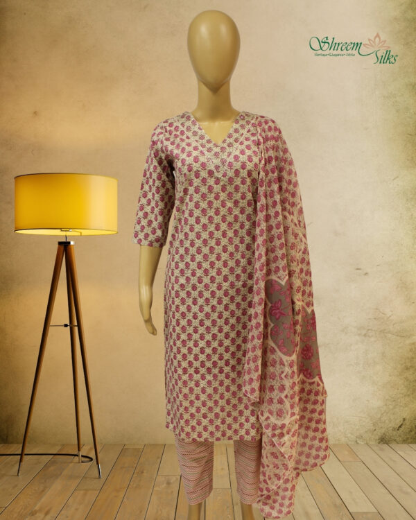 Cream with Pink Lotus Print Kurti Set - Image 2