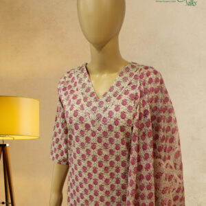Cream with Pink Lotus Print Kurti Set