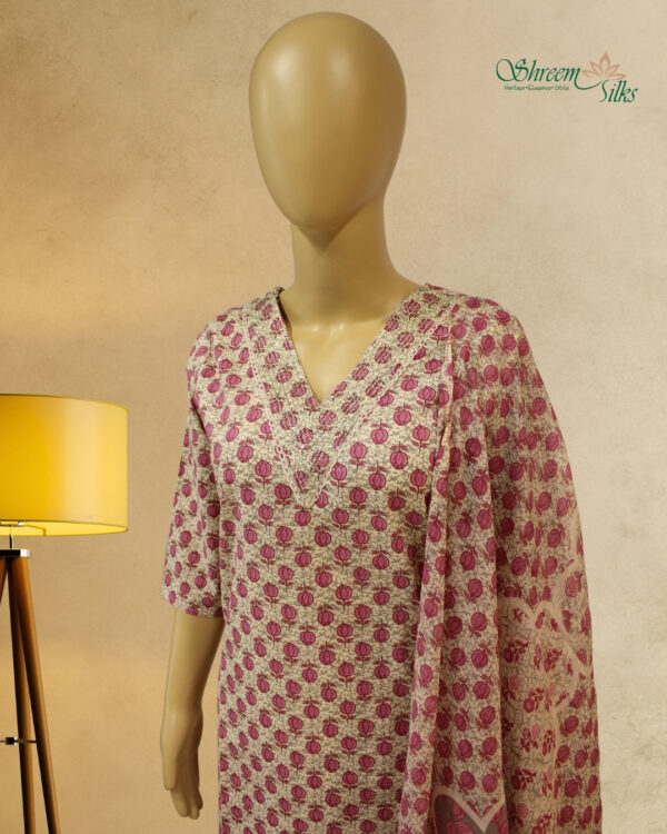 Cream with Pink Lotus Print Kurti Set