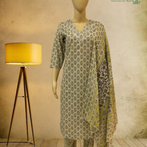 Alternative view of Cream with Green & Black Leaf Prints Kurti Set
