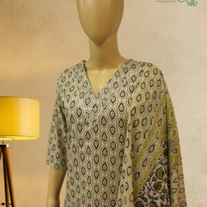 Cream with Green & Black Leaf Prints Kurti Set