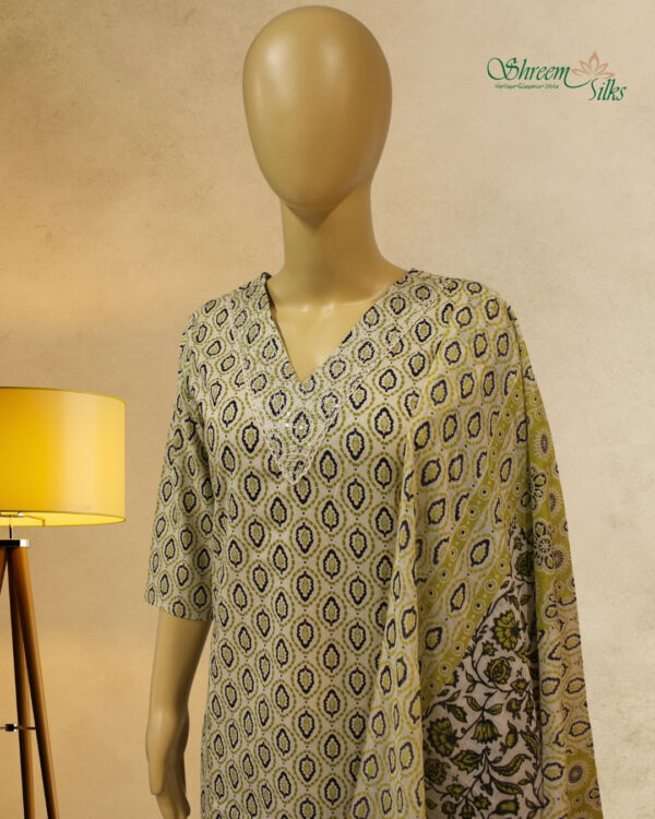 Cream with Green & Black Leaf Prints Kurti Set