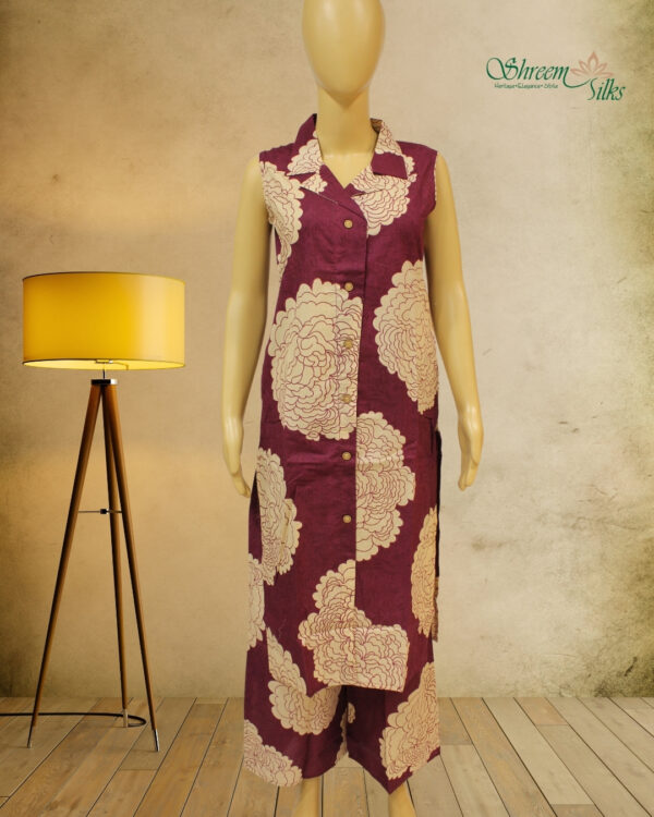 Magenta with Cream Floral Prints Cord Set