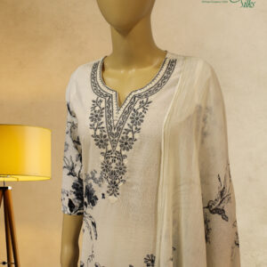 Alternative view of Cream with Grey Prints & Thread work on Neckline Kurta Set