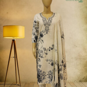 Cream with Grey Prints & Thread work on Neckline Kurta Set