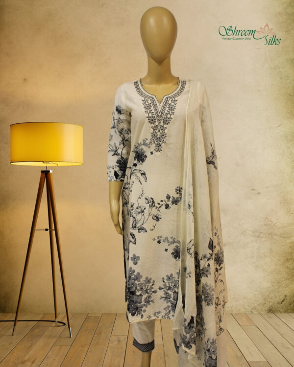 Cream with Grey Prints & Thread work on Neckline Kurta Set