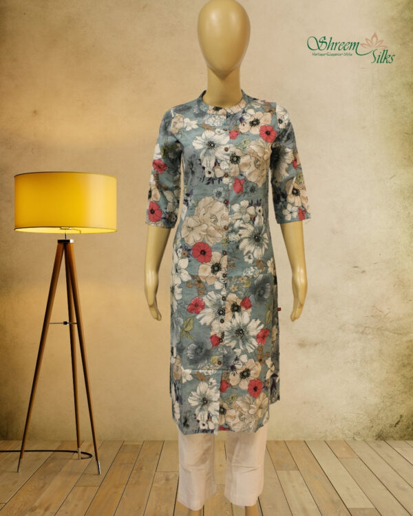 Grey with Multicolor Floral Prints A-line Kurta