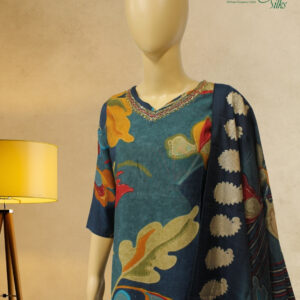 Alternative view of Bluish Green Printed with Cutdana work on Neckline Kurta Set