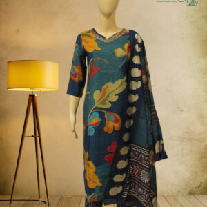 Bluish Green Printed with Cutdana work on Neckline Kurta Set