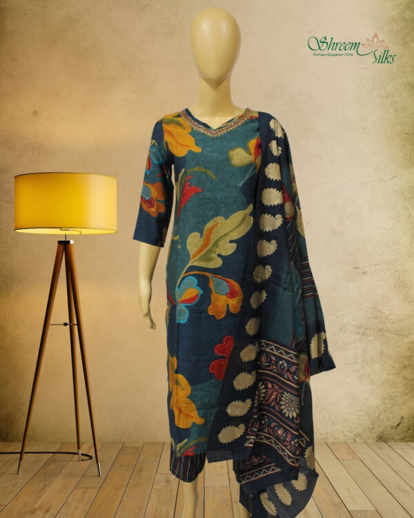 Bluish Green Printed with Cutdana work on Neckline Kurta Set
