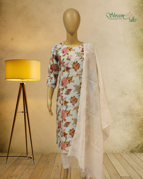 Light Blue with Floral Prints & Thread Embroidery with Sequence Kurta Set - Image 2