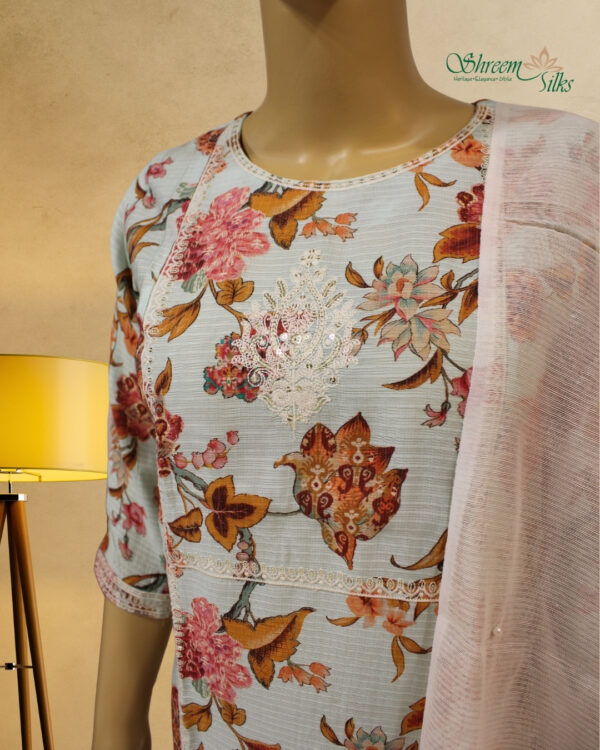 Light Blue with Floral Prints & Thread Embroidery with Sequence Kurta Set - Image 3