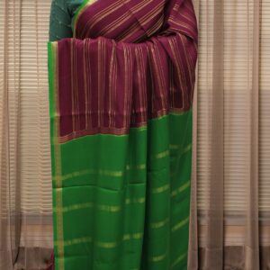 Alternative view of Wine and Green with Zari Woven Horizontal Lines Pure Mysore Crepe Silk Saree