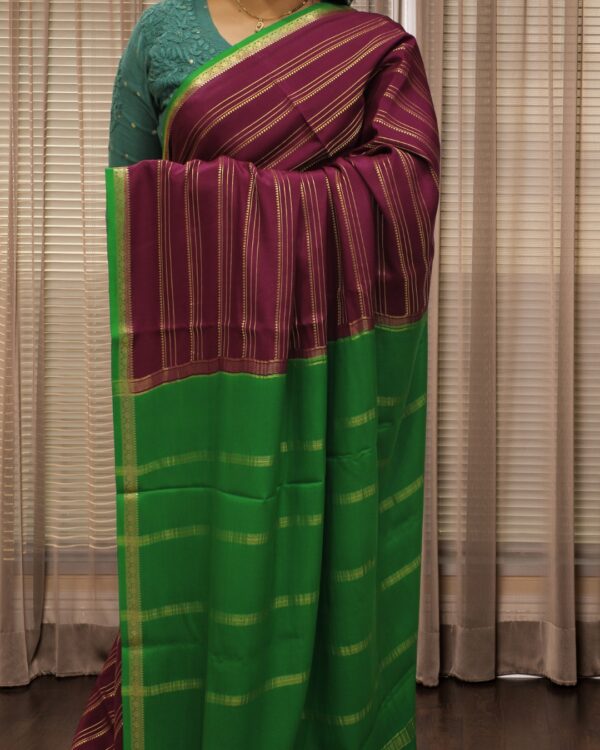 Wine and Green with Zari Woven Horizontal Lines Pure Mysore Crepe Silk Saree - Image 2
