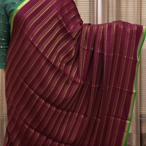 Wine and Green with Zari Woven Horizontal Lines Pure Mysore Crepe Silk Saree