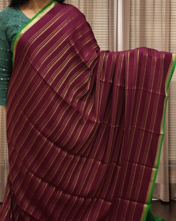 Wine and Green with Zari Woven Horizontal Lines Pure Mysore Crepe Silk Saree