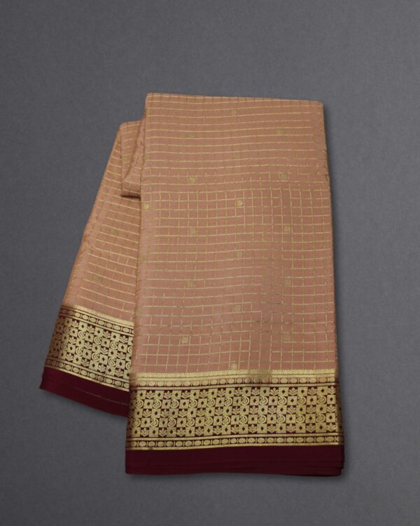 Checks with Small Floral and Peacock Motifs Pure Mysore Crepe Silk Saree - Image 2