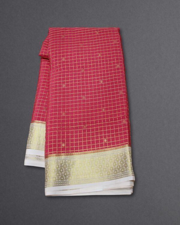Checks with Small Floral and Peacock Motifs Pure Mysore Crepe Silk Saree - Image 3