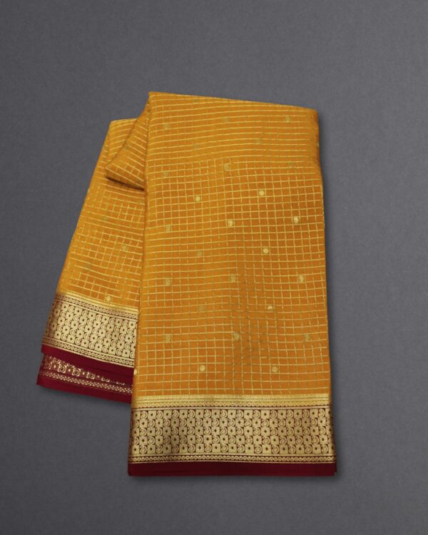 Checks with Small Floral and Peacock Motifs Pure Mysore Crepe Silk Saree - Image 5