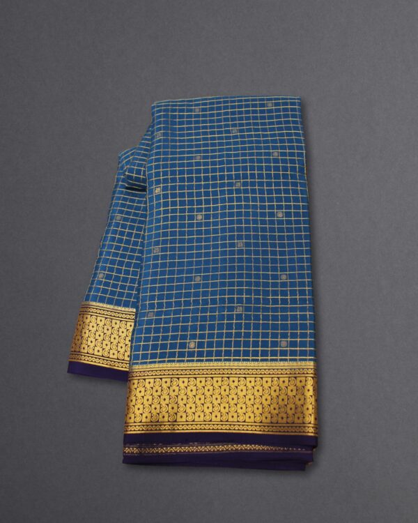 Checks with Small Floral and Peacock Motifs Pure Mysore Crepe Silk Saree - Image 7