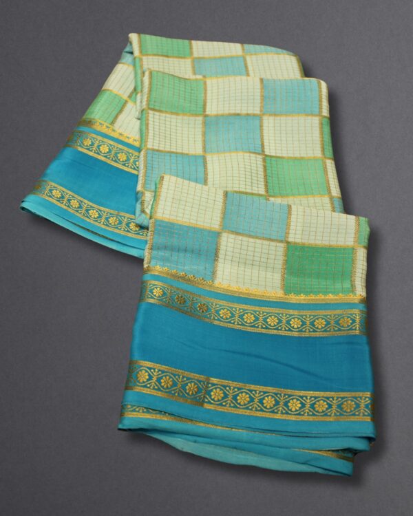 Multi Checks Rangkat with Rich Pallu Pure Mysore Crepe Silk Saree - Image 4