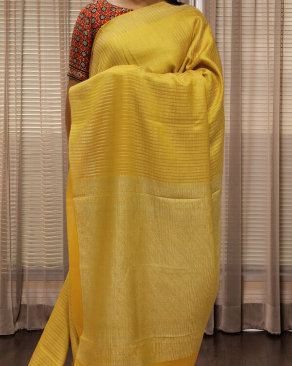 Mustard with Zari Woven Vertical Lines Pure Banaras Crepe Saree