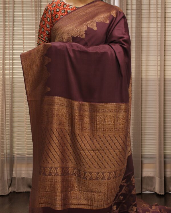 Wine Pure Banaras Crepe Saree - Image 2