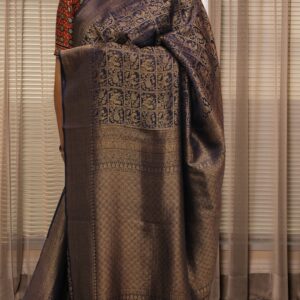 Zari Woven Checks with Birds & Floral Brocade Pure Banaras Crepe Saree