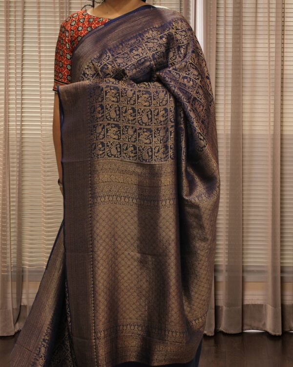 Zari Woven Checks with Birds & Floral Brocade Pure Banaras Crepe Saree