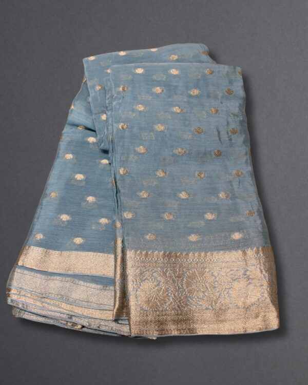 Zari Woven Small Motifs Chinon Banaras Saree - Image 3