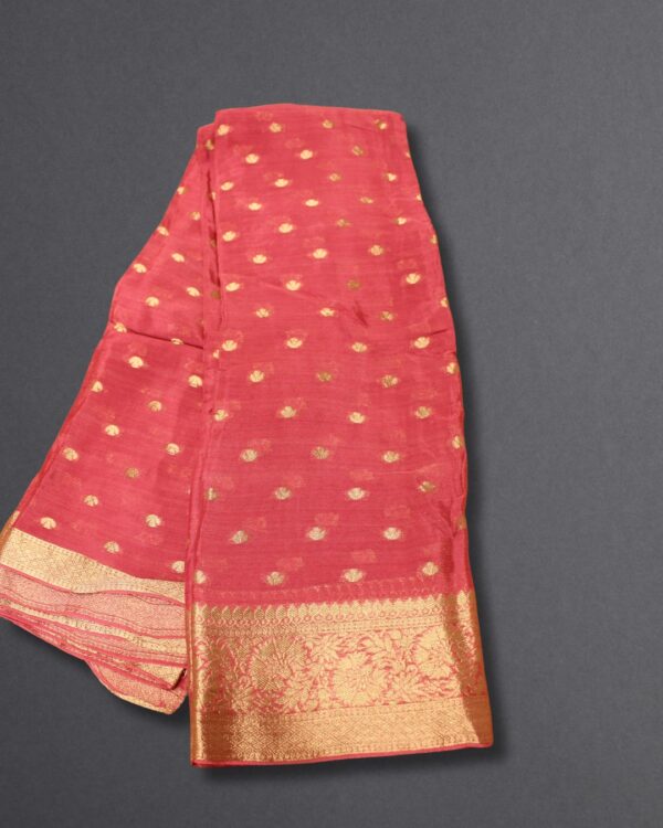 Zari Woven Small Motifs Chinon Banaras Saree - Image 5