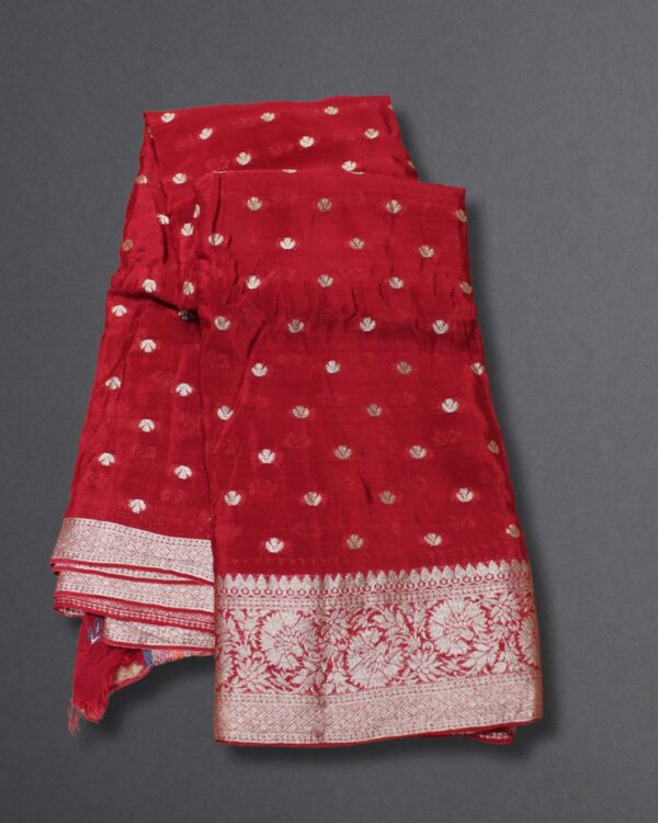 Zari Woven Small Motifs Chinon Banaras Saree - Image 7
