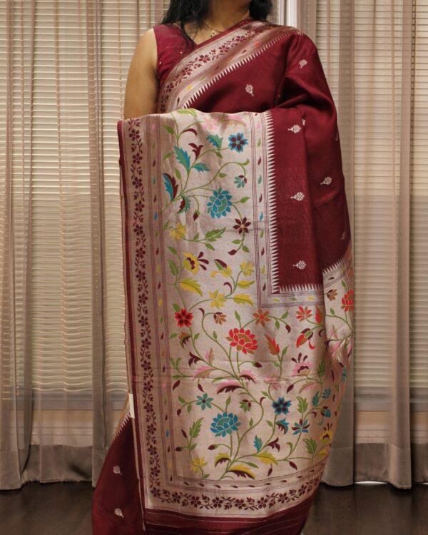 Zari Woven Buttas Tussar Paithani Saree - Image 2