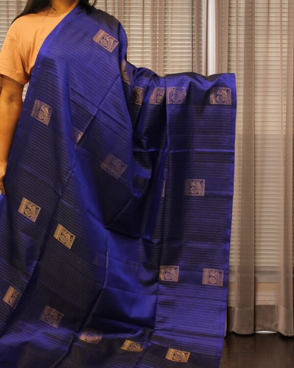Zari Woven Horizontal Lines with Peacock Motifs Pure Handloom Kanchi Soft Silk Saree - Image 2