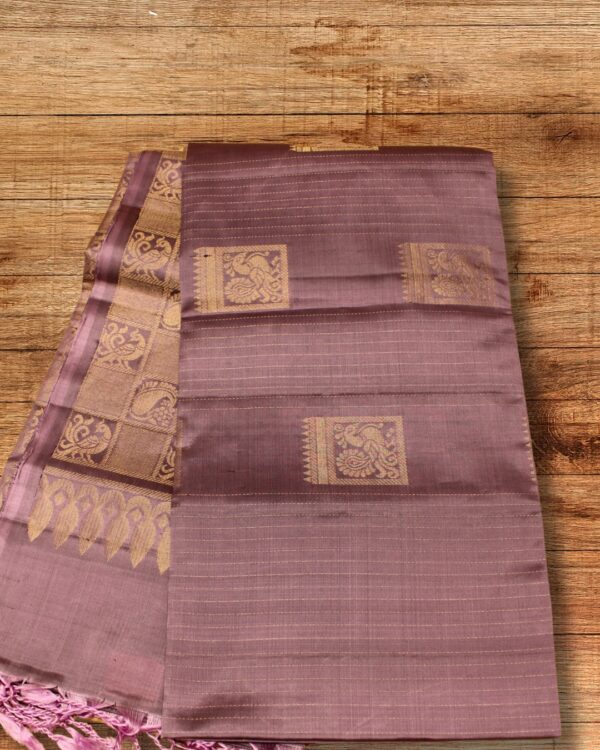 Zari Woven Horizontal Lines with Peacock Motifs Pure Handloom Kanchi Soft Silk Saree - Image 3
