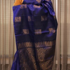 Zari Woven Horizontal Lines with Peacock Motifs Pure Handloom Kanchi Soft Silk Saree